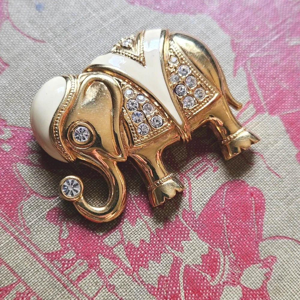 Vintage KJL for Avon Elephant Brooch Gold Tone Enamel Rhinestone Pendant Combo